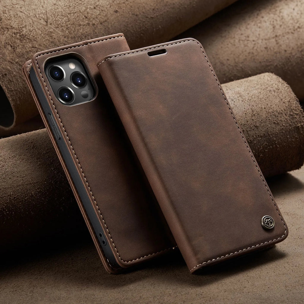 Mobile phone holster flip cover in black, clamshell design, PU+TPU material, compatible with iPhone models.