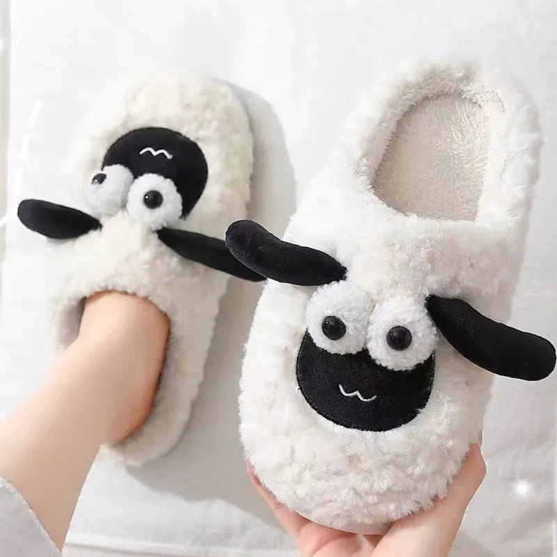 Brown, grey and white lambswool suede slip-on slippers with a sewn PVC sole.
