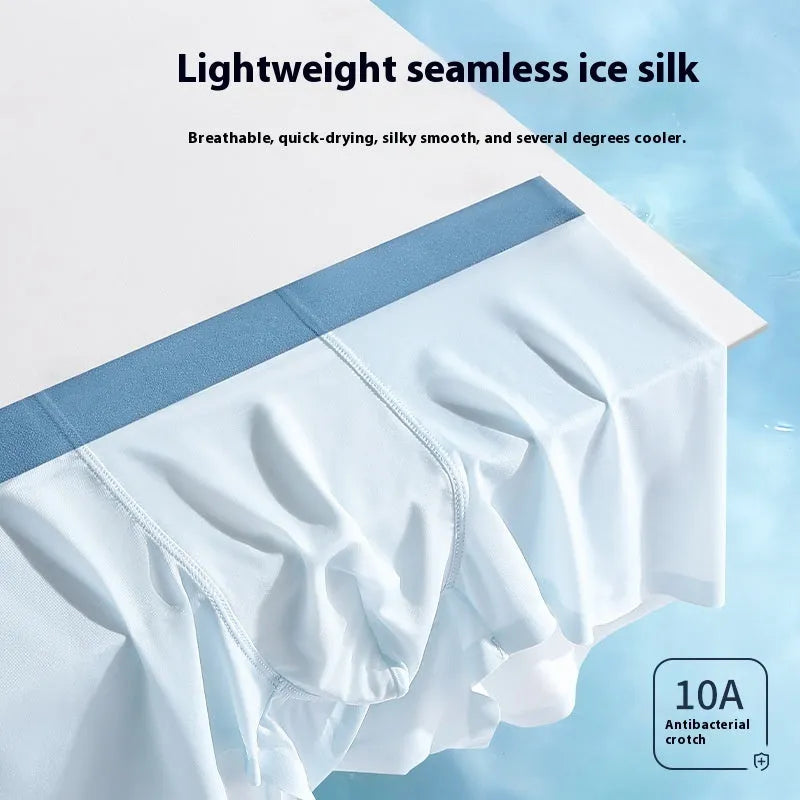Men's Ice Silk antibacterial shorts in bean green, showing mid waist and seamless design.