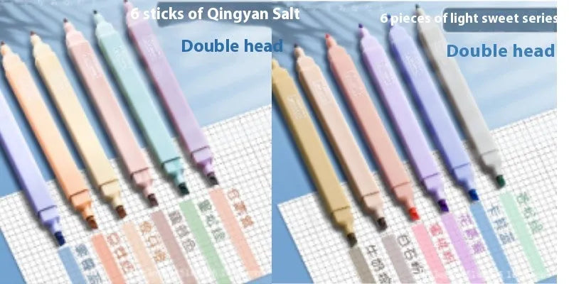 Double-headed fluorescent marking pen showing chisel and fine tips, with packs for Salt and Sweet series.