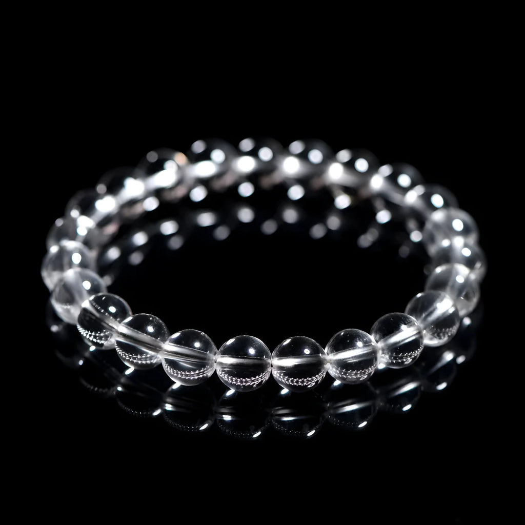 Natural Donghai white crystal round bead bracelet with geometric single circle design on a wrist.
