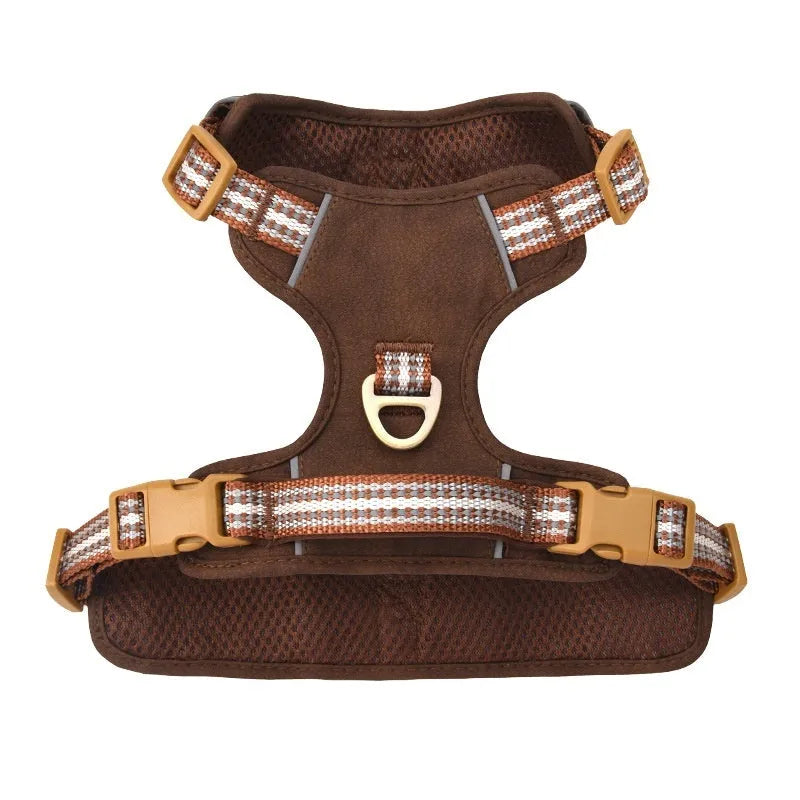 Brown leather explosion-proof reflective pet harness for dogs with chest strap design