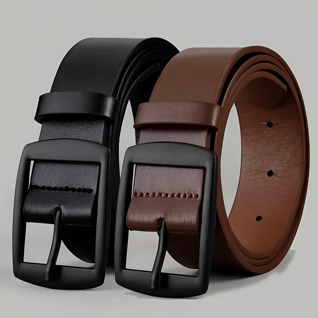Men business casual imitation leather belt with alloy pin buckle, 120cm length, black belt with black buttons