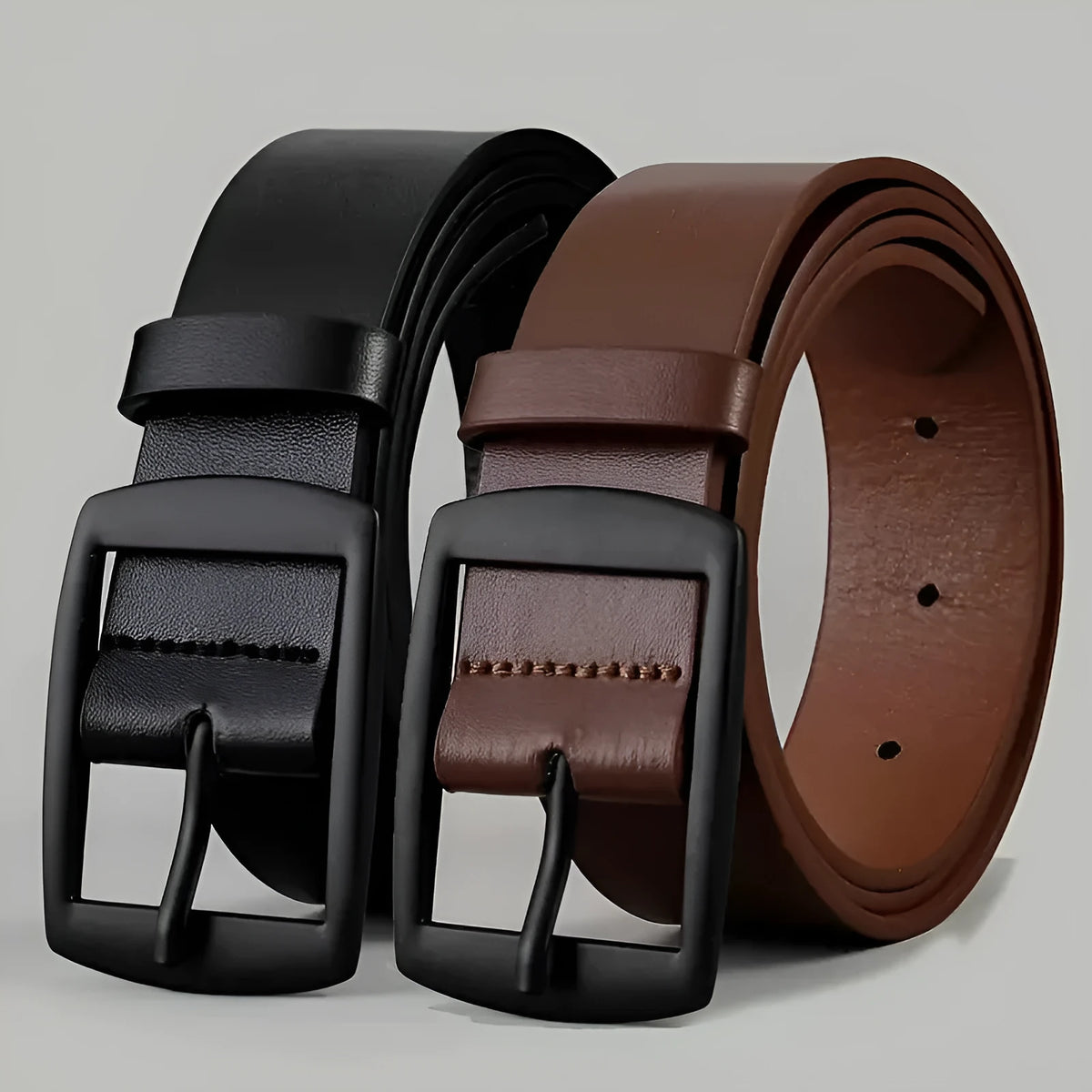 Men business casual imitation leather belt with alloy pin buckle, 120cm length, black belt with black buttons