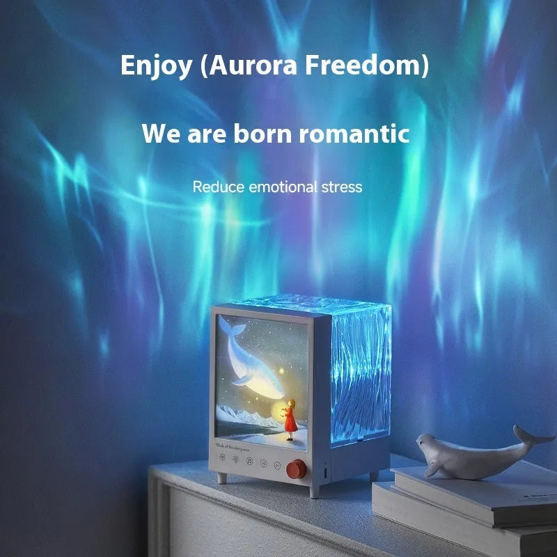 Aurora Treasure Box Star Sea Whale projection lamp with Bluetooth on a surface.