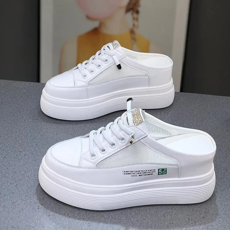 White women's platform shoes with mesh surface and heel-free design