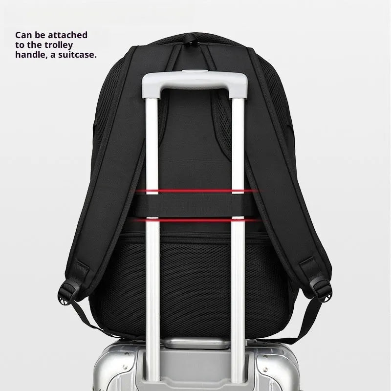 Outdoor men's casual sports backpack in black Oxford cloth with stitching detail and curved shoulder strap