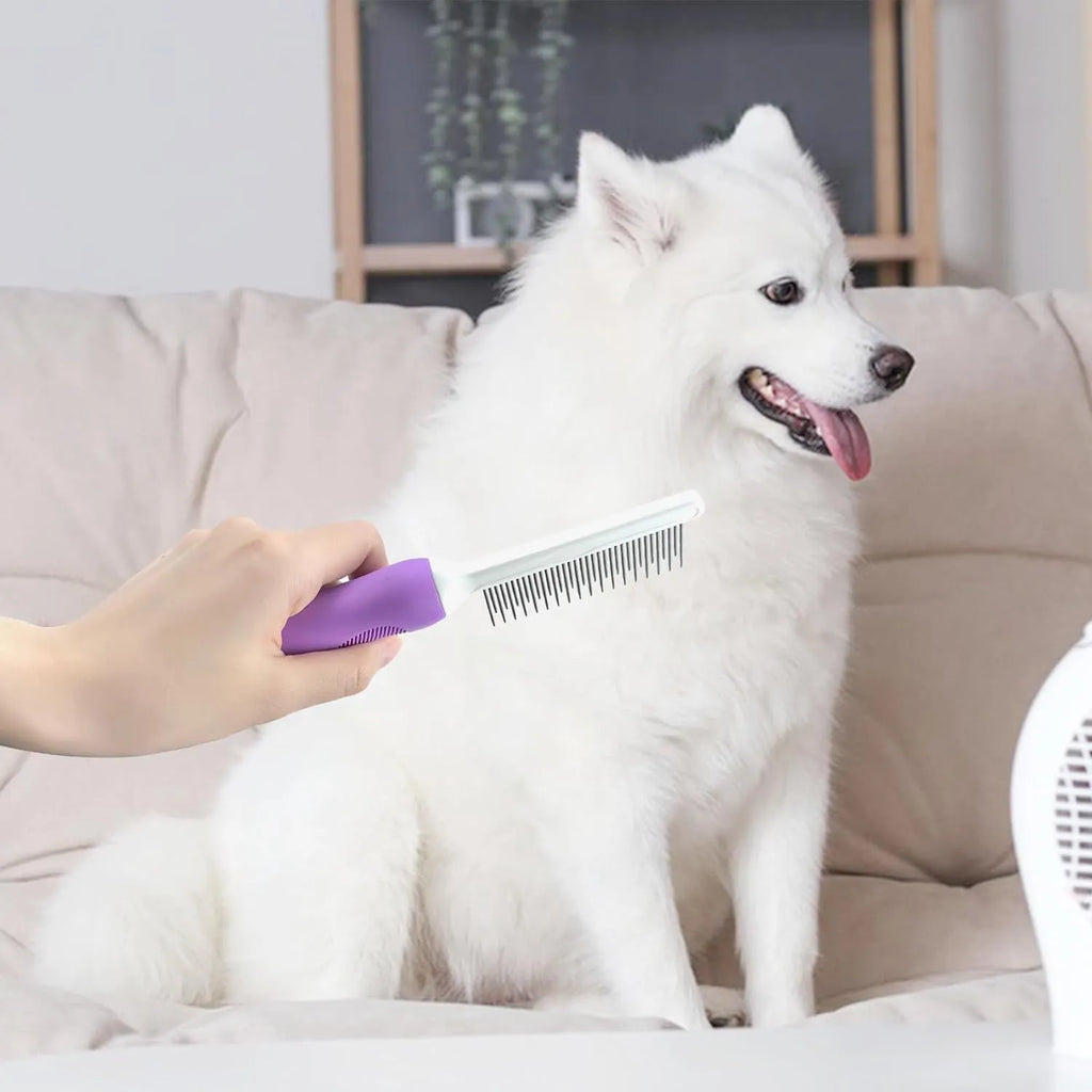 Purple pet detangling comb with stainless steel teeth on a 27cm long ergonomic handle.