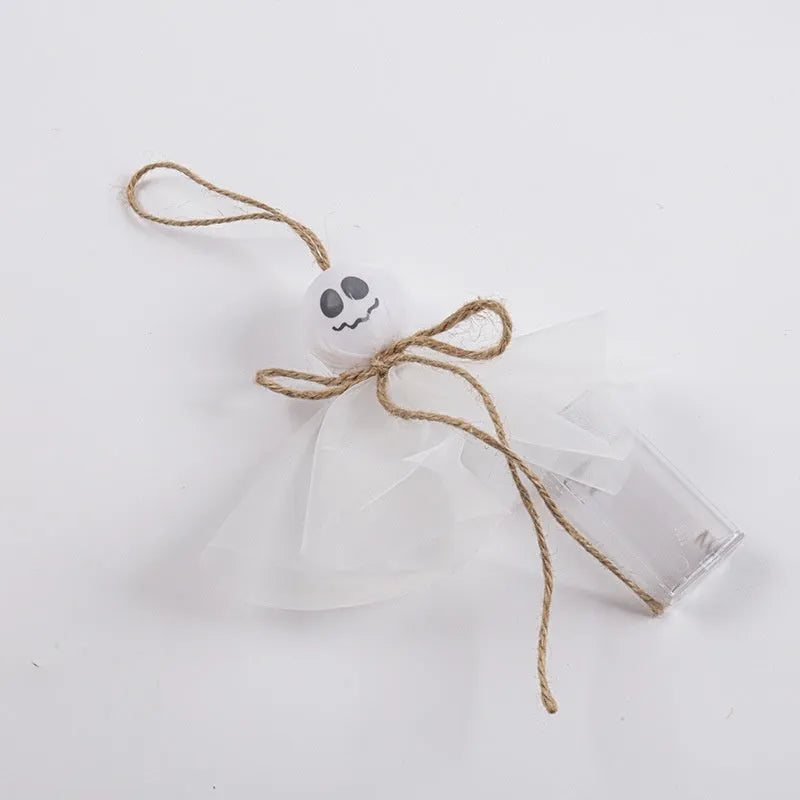 Halloween ghost-themed LED lighting chain with battery box, showing colourful lights on a PVC string.