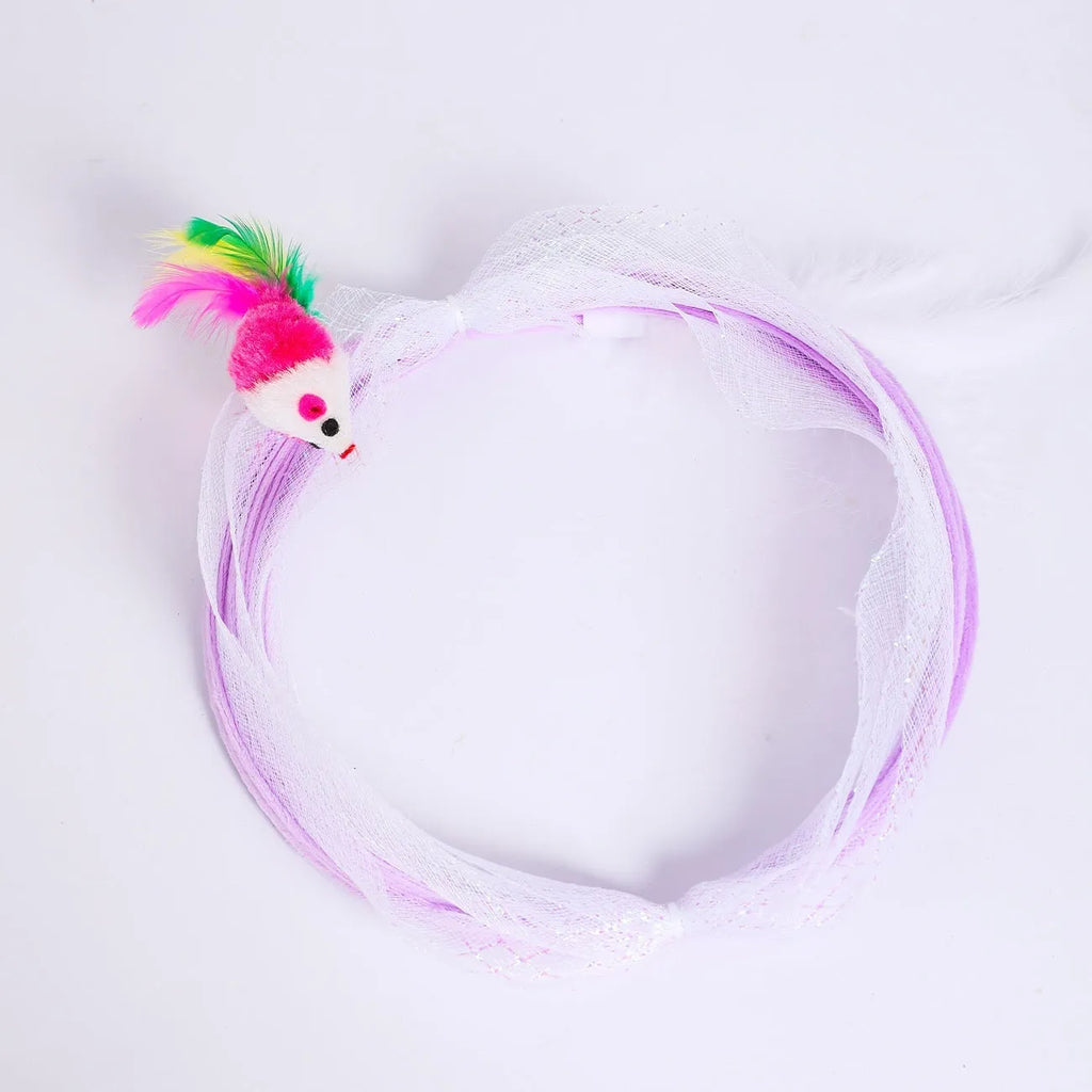S-type steel wire frame cat tunnel with elastic net fabric and a feather teaser attached.