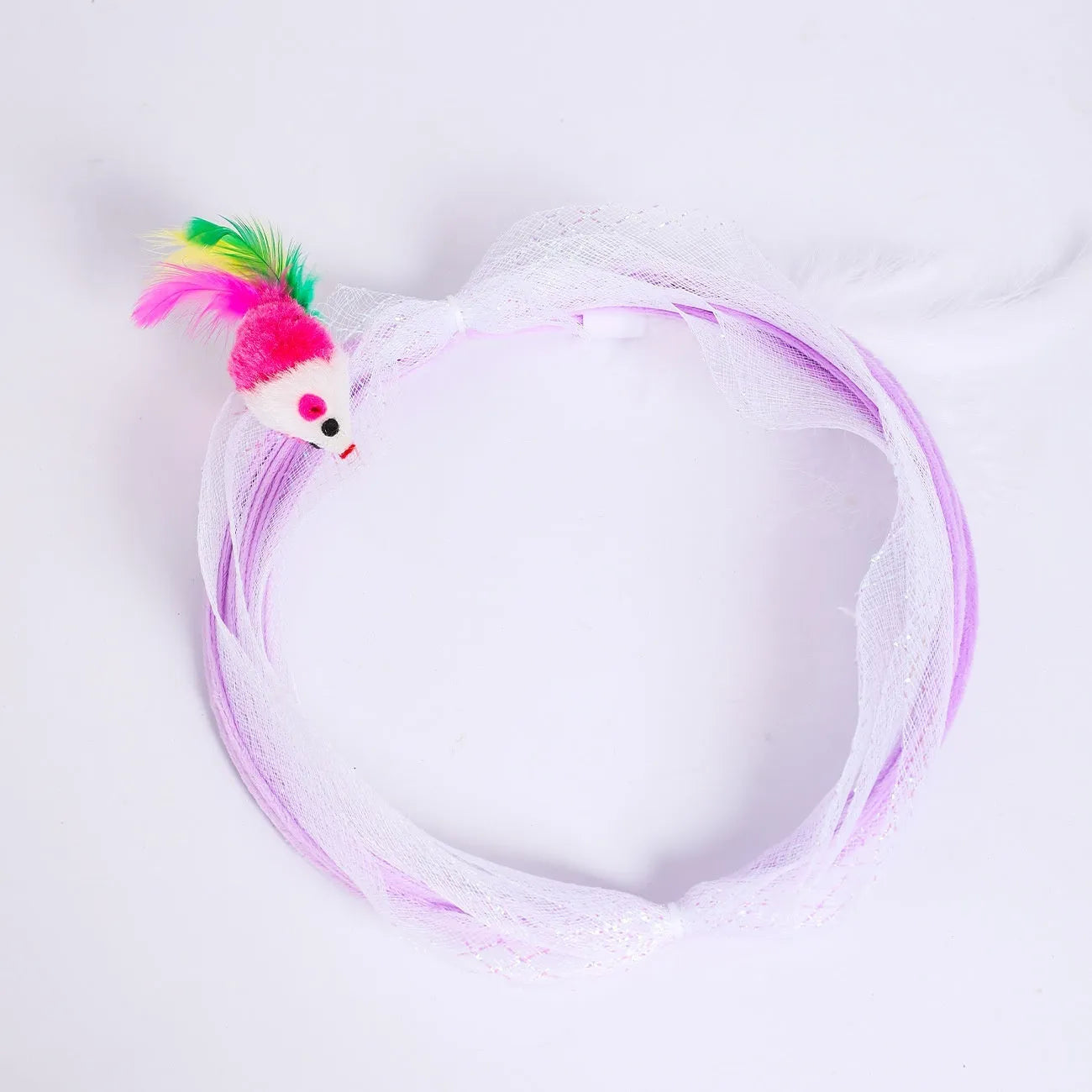 S-type steel wire frame cat tunnel with elastic net fabric and a feather teaser attached.