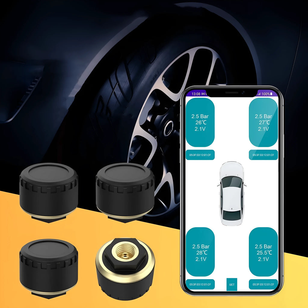 Bluetooth tyre pressure monitoring system with four waterproof sensors for mobile phone display
