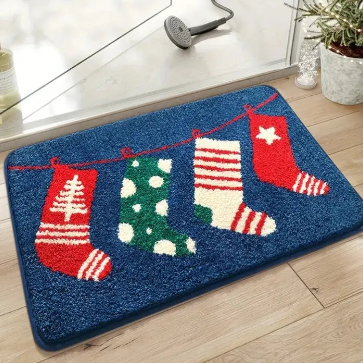 Cartoon plush bathroom mat 50x80cm thickened non-slip polyester fiber Christmas Stockings design
