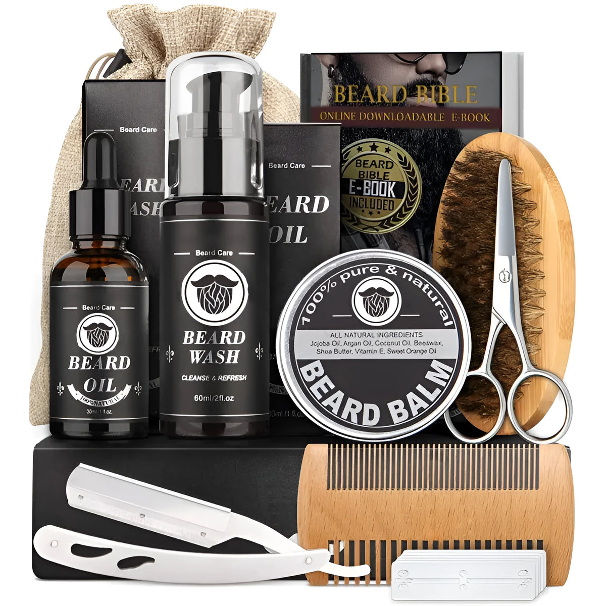 Men's beard grooming kit with beard roller, cleaning disinfectant, and 30ml moisturising nursing set, SPF50