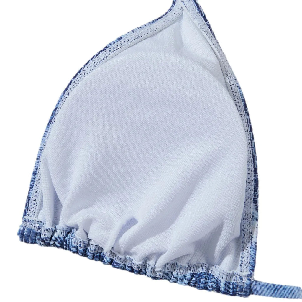 Women's denim blue printed bikini suit with strap detailing