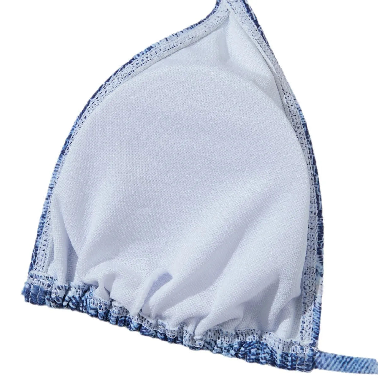 Women's denim blue printed bikini suit with strap detailing