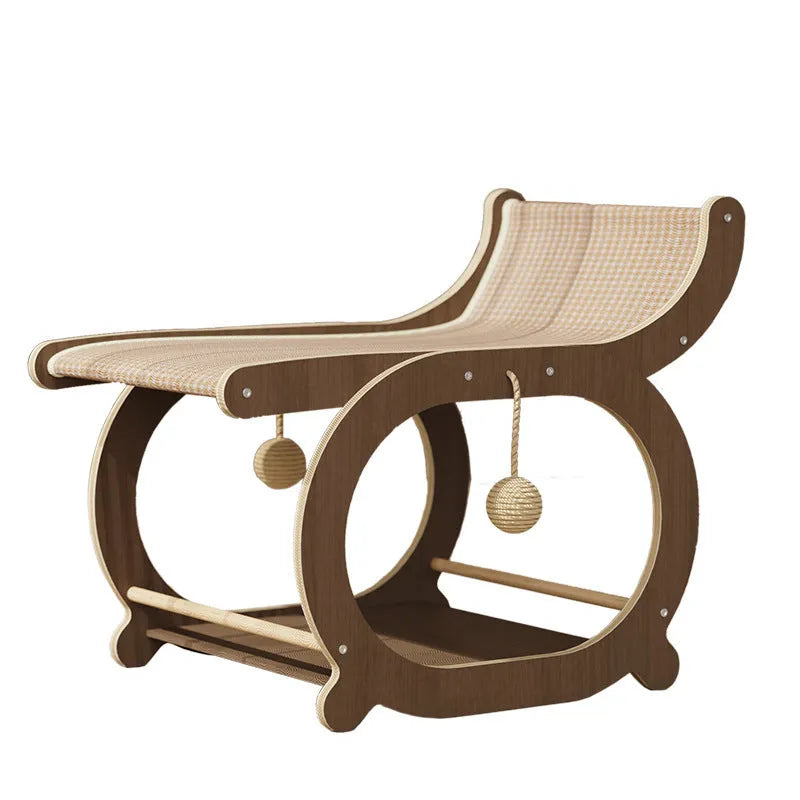 Solid wood frame cat bed with a light-coloured sisal scratching and lounging mat, shown on a wooden floor.