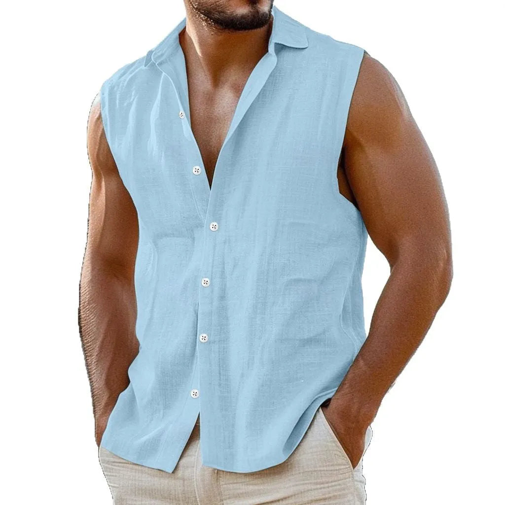 Cotton linen lapel shirt vest in blue, loose fit cardigan style with simple solid colour finish