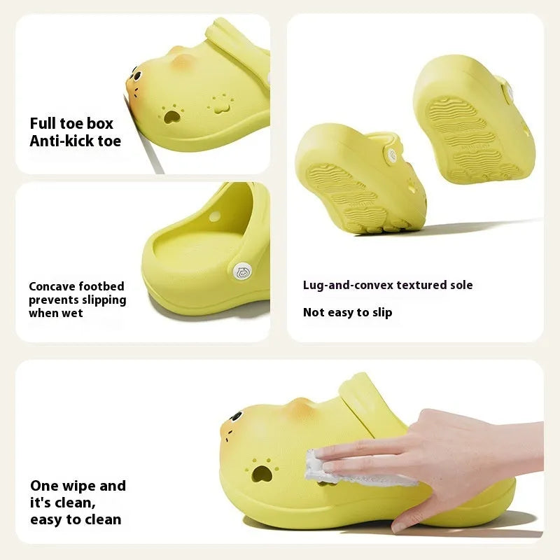 Children's closed toe slippers in grey brown, EVA upper, cartoon paradise design, size 140 for foot length 13-13.5cm