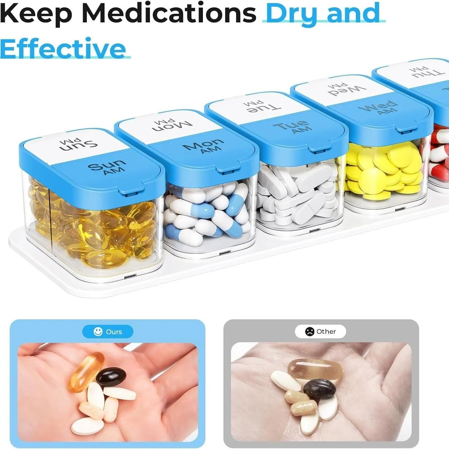 Large white and rainbow coloured plastic pill organiser box with 14 removable compartments, shown open.