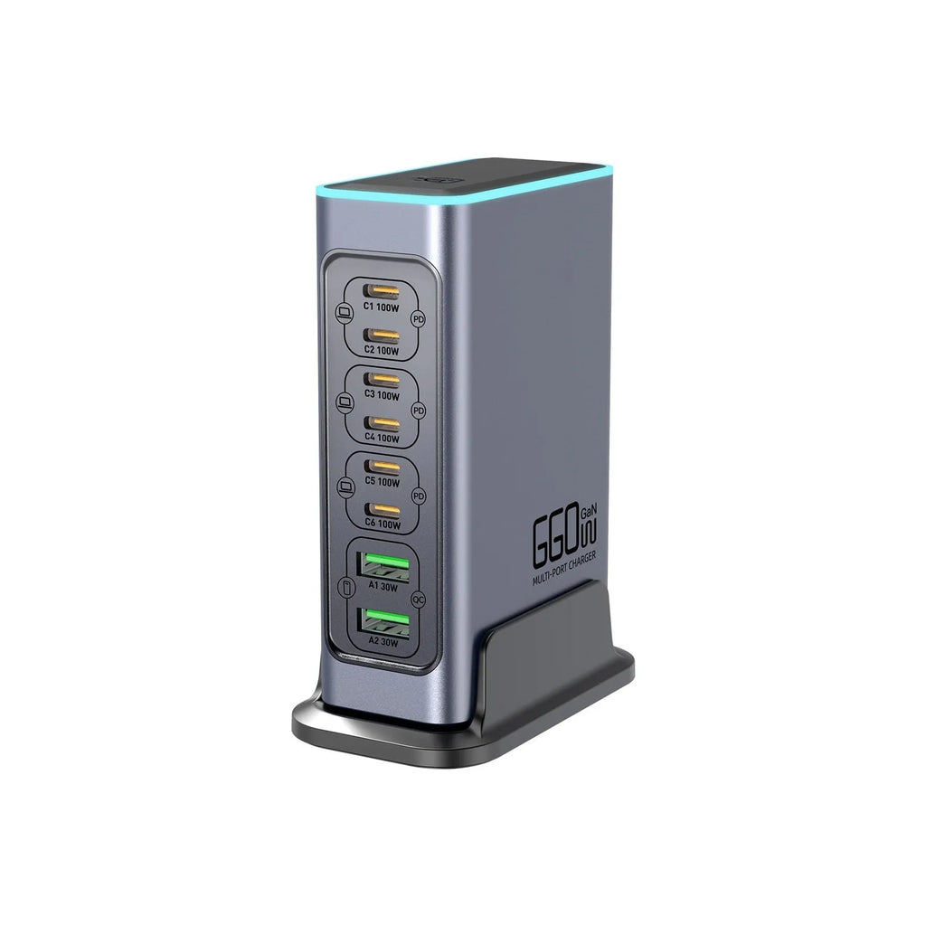 660W gallium nitride multi-port desktop fast charger with interchangeable US, EU, UK, and AU plug heads.