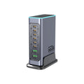 660W gallium nitride multi-port desktop fast charger with interchangeable US, EU, UK, and AU plug heads.