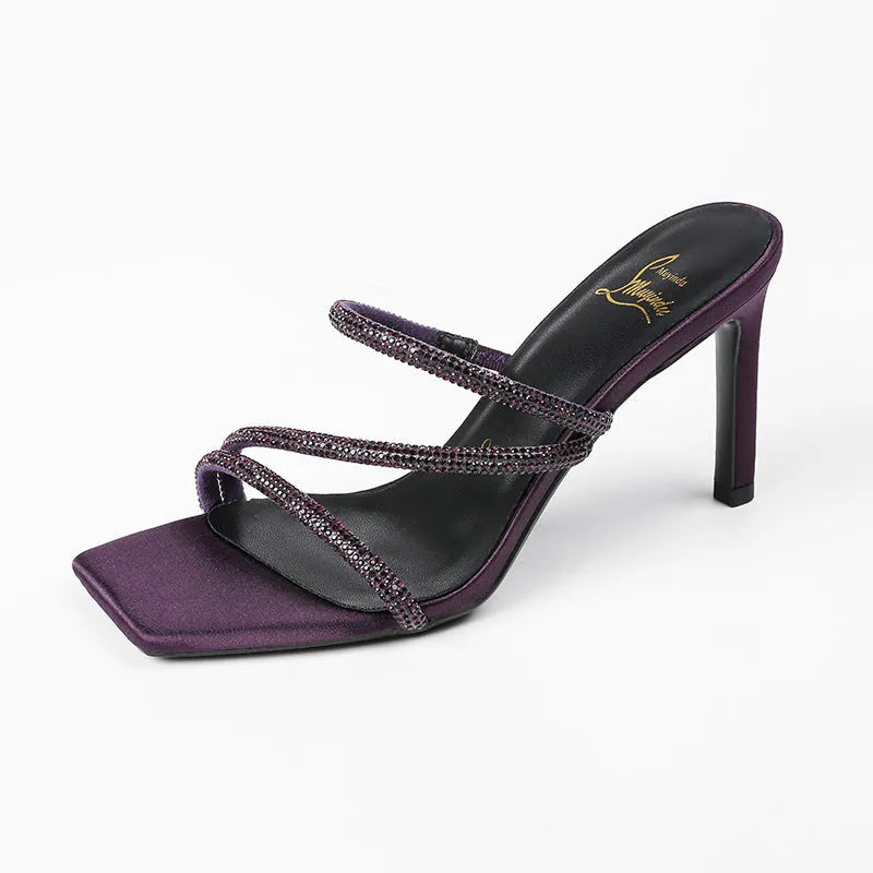 Women's stiletto heel sandals with satin upper square toe and 8cm heel in purple