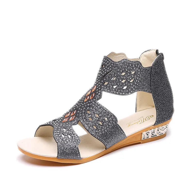 Women's black open toe sandals with rhinestone details and back zipper closure