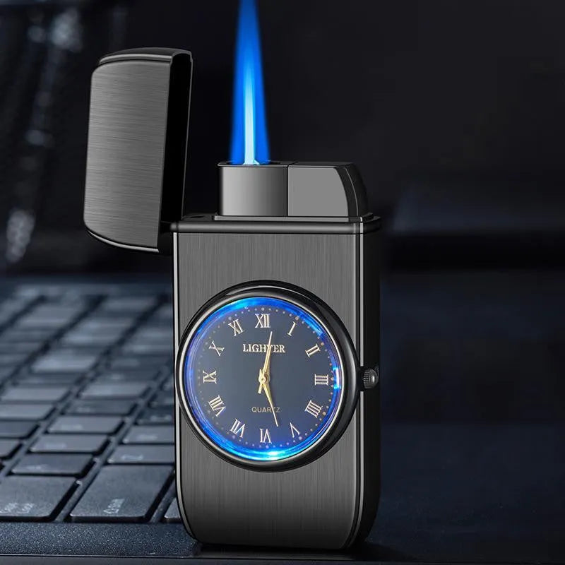 Black brushed zinc alloy watch-style windproof torch lighter with integrated light and butane refillable fuel, 76x38x155mm