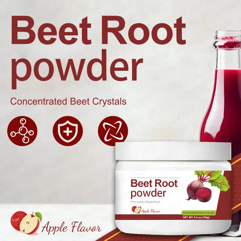 150g jar of apple-flavoured beetroot powder drink mix with vitamin C, magnesium, and potassium