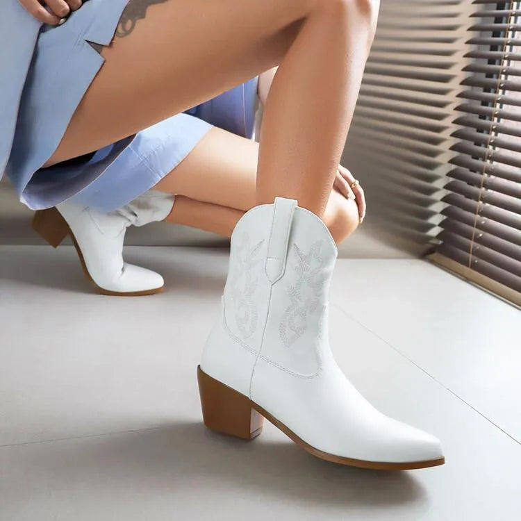 Mirror patent leather knee-high boots with embroidered detail, chunky stiletto heel, pointed toe, silver colour