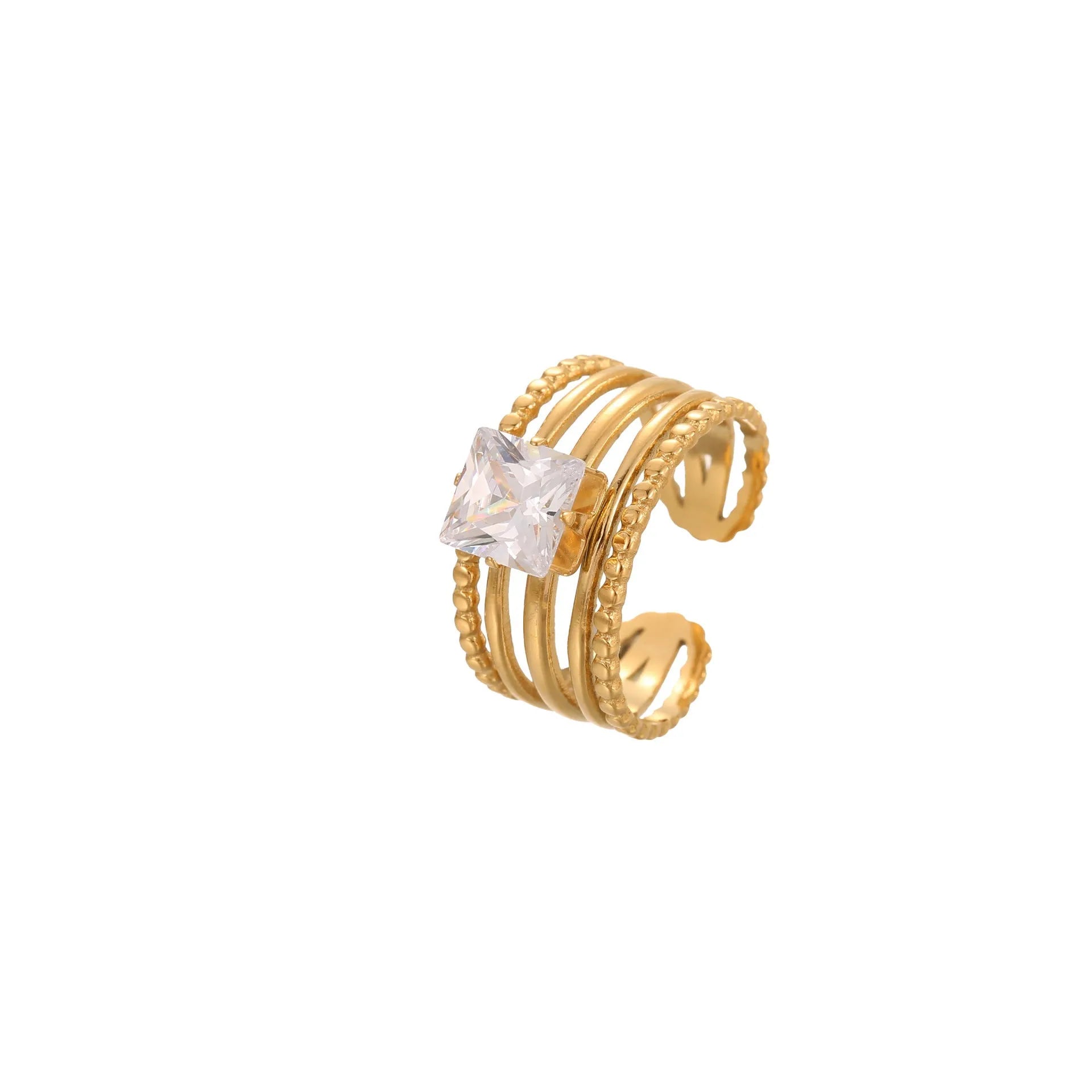 Gold colour stainless steel ring with zircon stones in a geometric heart drop shape design, open mouth.