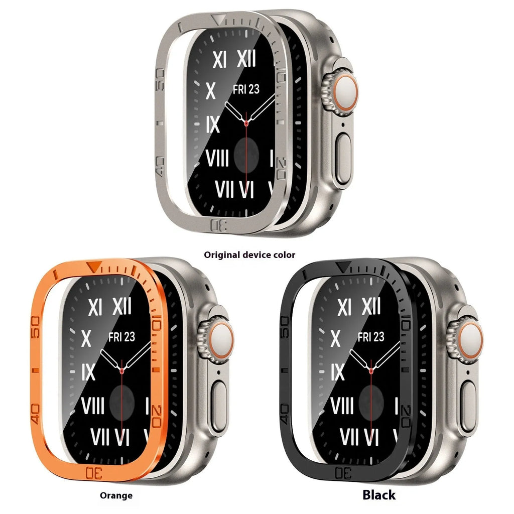 Metal protective frame for 49mm watch in black, orange, and original colour