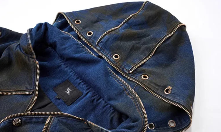 Blue hooded denim vest with front zipper and matching trousers, Korean style deconstructed design