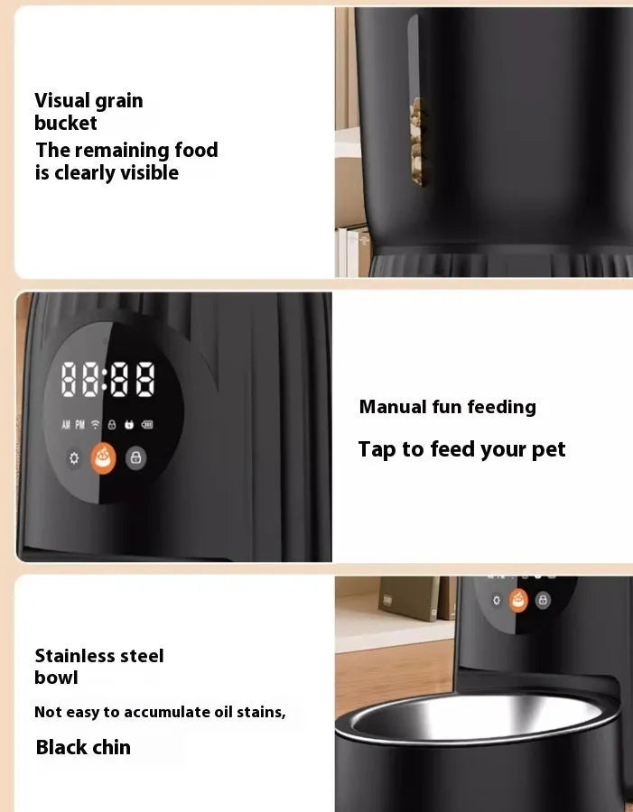 Black automatic pet feeder with digital LCD screen and large food container.