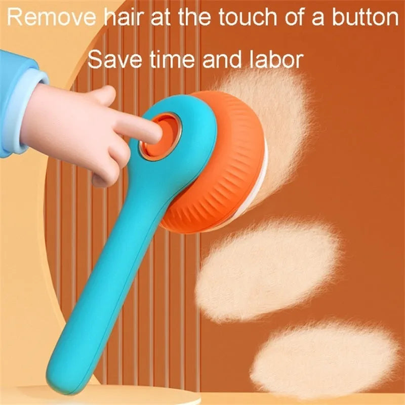 Blue and white self-cleaning slicker brush for grooming cats and dogs on a neutral background.