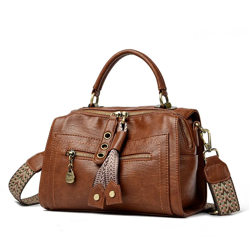 Women's soft PU leather crossbody bag in horizontal square shape with sandwich pocket design