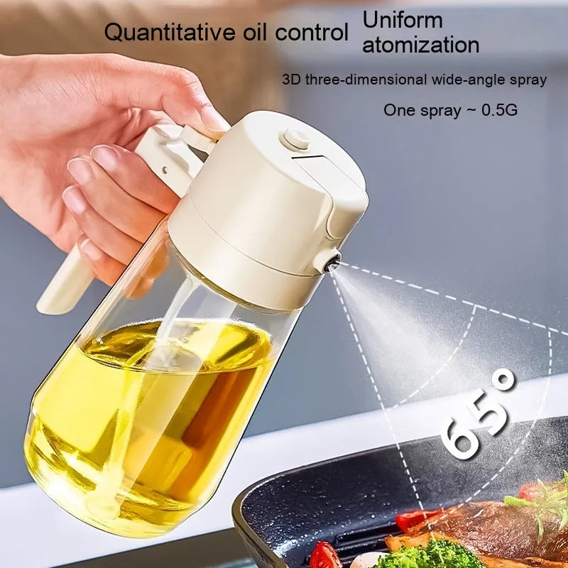 Glass olive oil sprayer dispenser with 470ml capacity and dual spray/pour function