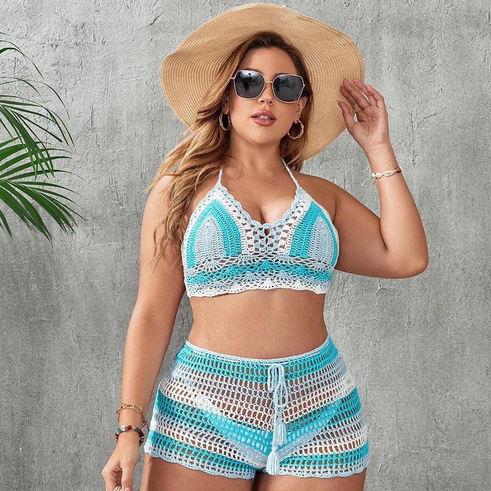 Women's blue briefs style swimsuit with hollow out strap design and split side detail