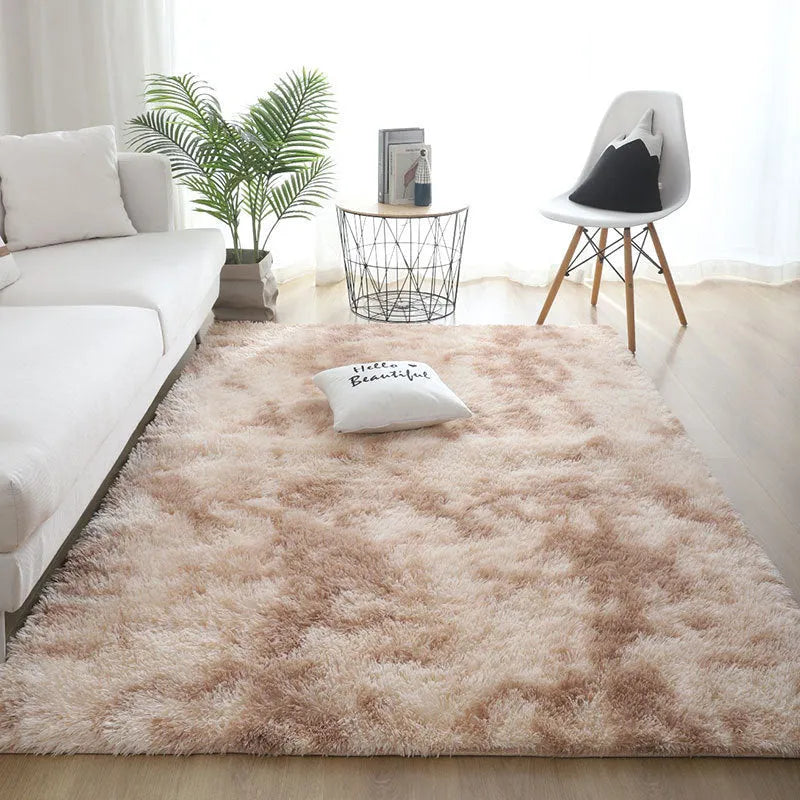 Silk hair tie-dyed plush carpet in tie dye beige colour, available in multiple sizes for living room and bedroom floor
