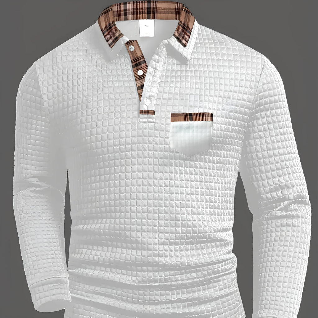 Men's casual solid colour polyester polo shirt in black, front view, plaid pattern visible