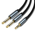 3.5mm to two 6.5mm male jack audio cable with black insulation and gold-plated plugs.
