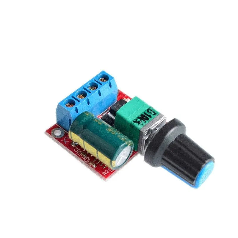 PWM DC motor speed controller module with potentiometer knob, 30mm x 26mm dimensions.