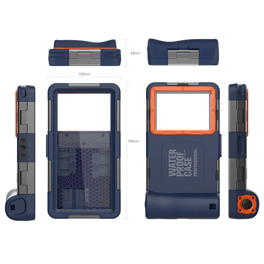Waterproof diving case for Apple iPhone in blue orange, 195x106x44mm, with TPE PC glass zinc alloy construction.