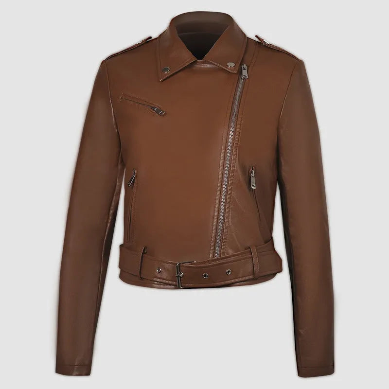 Women's short black PU leather jacket with lapel collar and an adjustable waist belt on a hanger.