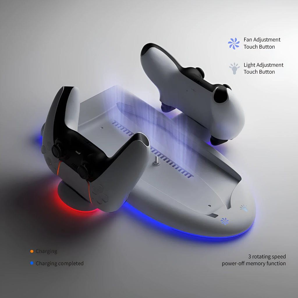 White PS5 Slim charging dock station with RGB ambient lighting and cooling pad functionality
