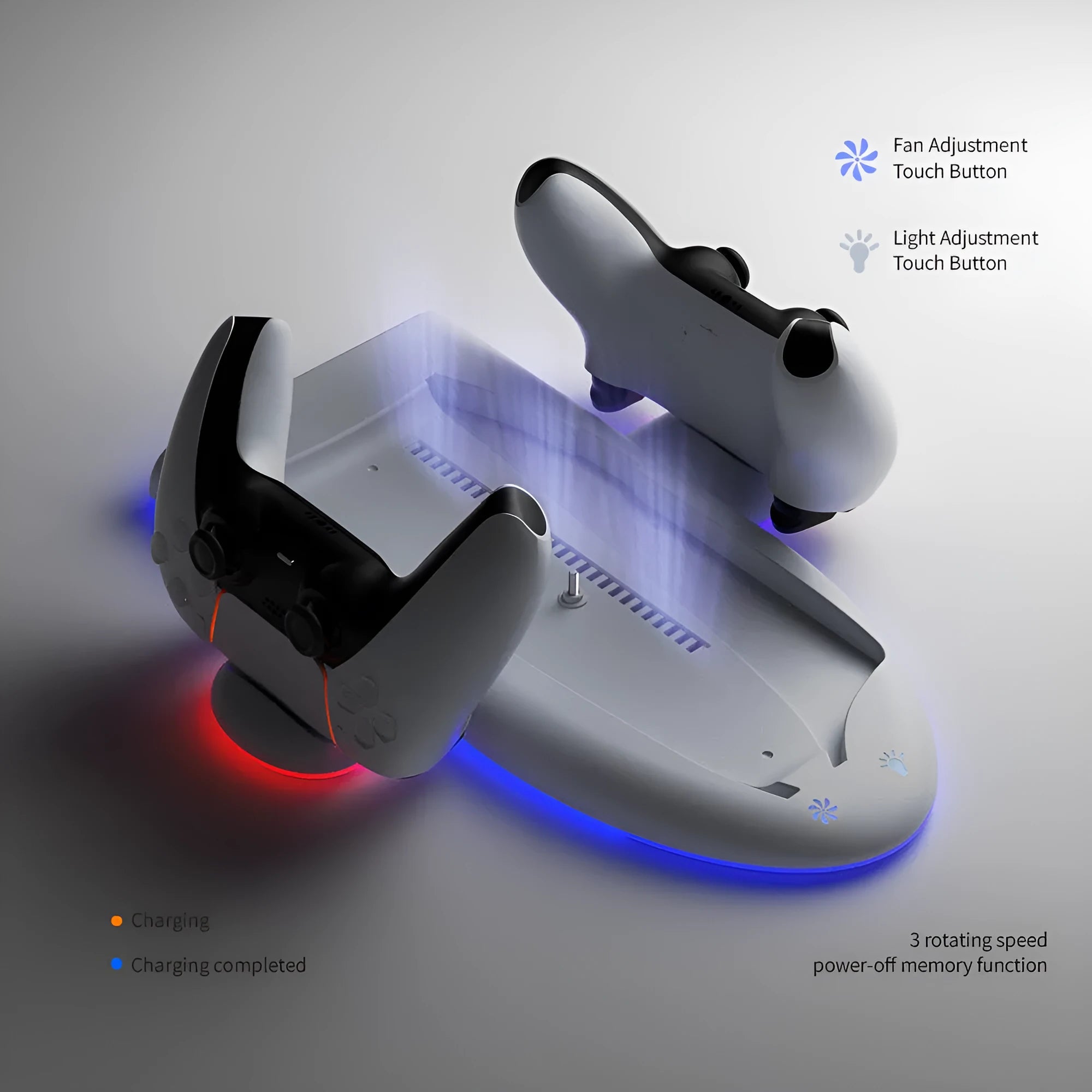 White PS5 Slim charging dock station with RGB ambient lighting and cooling pad functionality