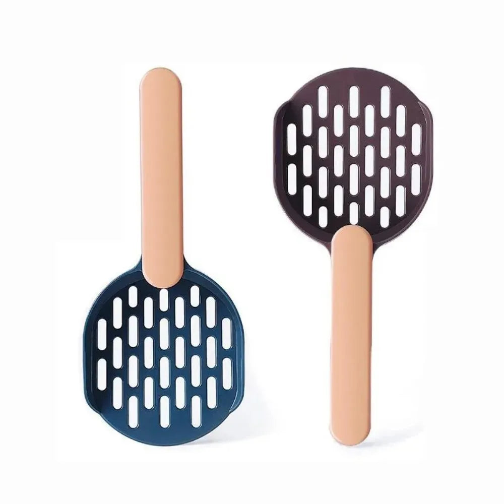 Plastic cat litter shovel with fine mesh sieve in blue, green, or pink colours