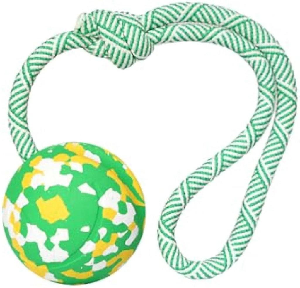 Natural rubber dog ball attached to nylon rope for medium and small breed interactive play
