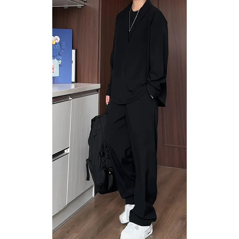 Men's black slim-fit long sleeve polo shirt and trousers two-piece casual suit set.